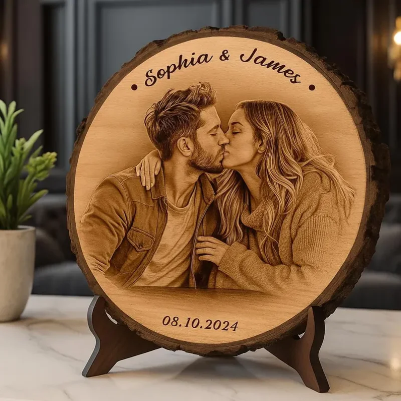 Personalized Photo Engraved Wood Slice – Custom Round Laser Engraved Wooden Plaque
