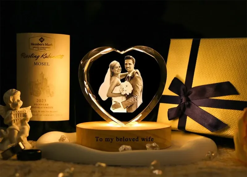 Personalized Heart Crystal Photo with LED Light Base – K9 Optical Crystal Glass