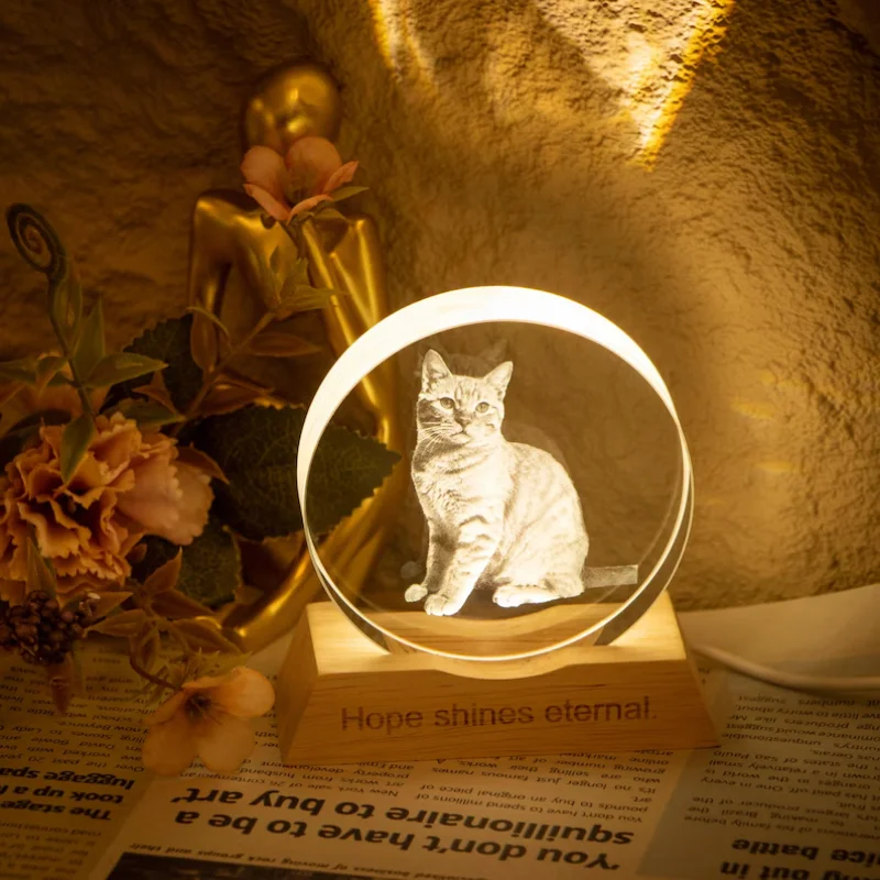 Personalized Round Crystal Photo – K9 Optical Crystal Glass Laser Engraved Keepsake with LED Light Base